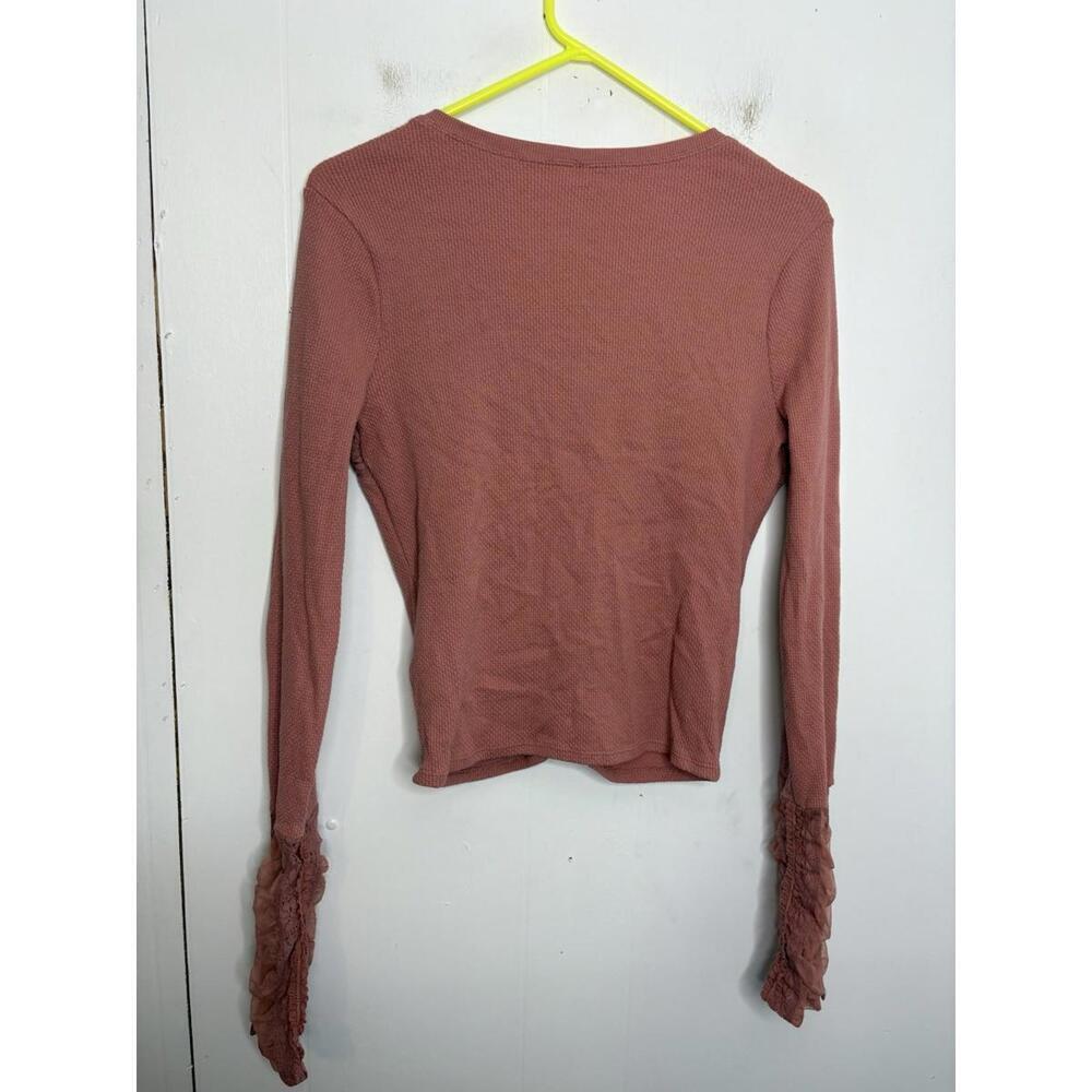 Free People Shirt Womens Medium Thermal Mesh Long Sleeve Ruched Ballet Rose - Picture 2 of 9